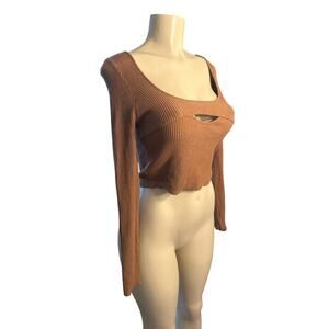 Women M UO Urban Outfitters Brown Ribbed Cropped Tee Shirt Top Cut-Out